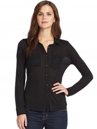 THE LOOKSilk shirt collarFront button closureLong button cuff sleevesSilk chest pocketsSheer silk back panelTHE FITAbout 24 from shoulder to hemTHE MATERIAL85% modal/15% cashmereCARE & ORIGINDry cleanMade in USAModel shown is 5'9½ (176cm) wearing US size Small. THE LOOKSilk shirt collarFront button closureLong button cuff sleevesSilk chest pocketsSheer silk back panelTHE FITAbout 24 from shoulder to hemTHE MATERIAL85% modal/15% cashmereCARE & ORIGINDry cleanMade in USAModel shown is 5'9½ (176cm) wearing US size Small.