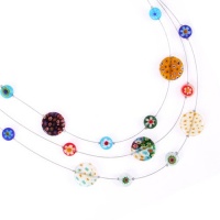 Millefiore Flower Venetian Murano Glass Disc Beaded on Triple Strands Necklace 16''- 19''