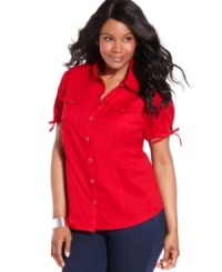Get polished casual style with Karen Scott's short sleeve plus size shirt-- pair it with your favorite neutral bottoms. Get polished casual style with Karen Scott's short sleeve plus size shirt-- pair it with your favorite neutral bottoms.