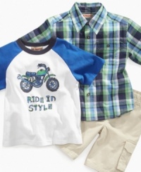 Road trip! He'll be ready to head out on the highway in this 3-piece fun t-shirt, plaid shirt and short set from Kids Headquarters. Road trip! He'll be ready to head out on the highway in this 3-piece fun t-shirt, plaid shirt and short set from Kids Headquarters.