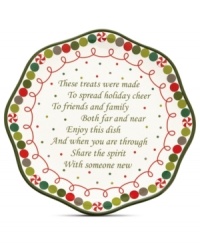 A treat in itself. Made for sharing, this Sweet Twist plate from Oneida appeals with festive holiday accents and a poem about spreading holiday spirit. A treat in itself. Made for sharing, this Sweet Twist plate from Oneida appeals with festive holiday accents and a poem about spreading holiday spirit.