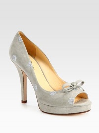 This suede peep toe silhouette is instantly upgraded with a sweet bow and glittery polka dots. Self-covered heel, 4½ (115mm)Covered platform, ¾ (20mm)Compares to a 3¾ heel (95mm)Suede upper with glitter-coated polka dotsPeep toeLeather lining and solePadded insoleImported This suede peep toe silhouette is instantly upgraded with a sweet bow and glittery polka dots. Self-covered heel, 4½ (115mm)Covered platform, ¾ (20mm)Compares to a 3¾ heel (95mm)Suede upper with glitter-coated polka dotsPeep toeLeather lining and solePadded insoleImported