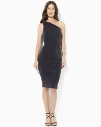 Gentle shirring and an always-chic one-shoulder silhouette pair together perfectly in this resplendent evening dress. Gentle shirring and an always-chic one-shoulder silhouette pair together perfectly in this resplendent evening dress.