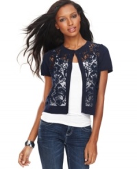 Dress up sleeveless styles with INC's short sleeve cardigan, highlighted by a lovely lace front. (Clearance) Dress up sleeveless styles with INC's short sleeve cardigan, highlighted by a lovely lace front. (Clearance)