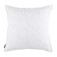 Fanciful floral appliqués, tulle and smooth cotton sateen distinguish this pure white pillow with an impressionistic textural contrast to the linear pleats of the Belgravia duvet set. Edges trimmed in white flat piping. Reverses to solid white cotton sateen.