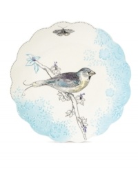A sparrow in shades of blue, lavender and yellow perches on this scalloped Bloom Bird salad plate. Mix and match this fanciful dish with other Edie Rose by Rachel Bilson designs to create your own tabletop garden party. A sparrow in shades of blue, lavender and yellow perches on this scalloped Bloom Bird salad plate. Mix and match this fanciful dish with other Edie Rose by Rachel Bilson designs to create your own tabletop garden party.