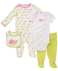 What a water baby. Show off her love for sea critters even on dry land with this adorable 4-piece bodysuit, pant, coverall and bib set from Carter's. What a water baby. Show off her love for sea critters even on dry land with this adorable 4-piece bodysuit, pant, coverall and bib set from Carter's.