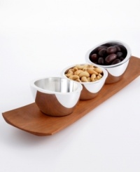 Asymmetrical rims convey modern sophistication. Set of 3. Includes cherry wood base. Asymmetrical rims convey modern sophistication. Set of 3. Includes cherry wood base.