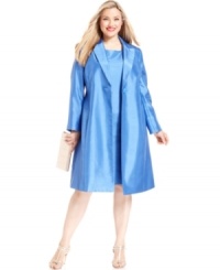 This stunning plus size look from Le Suit is made sophisticated with a knee-length coat and an elevated by a rich shantung texture. Shed the coat and wear the sheath dress solo with a strappy heel for celebrating on the dance floor. This stunning plus size look from Le Suit is made sophisticated with a knee-length coat and an elevated by a rich shantung texture. Shed the coat and wear the sheath dress solo with a strappy heel for celebrating on the dance floor.