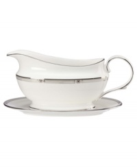 An art deco inspired design, platinum trim and metallic dots lend the Westerly Platinum gravy boat sophisticated polish. Part of a versatile Lenox dinnerware collection designed to complement a variety of settings. An art deco inspired design, platinum trim and metallic dots lend the Westerly Platinum gravy boat sophisticated polish. Part of a versatile Lenox dinnerware collection designed to complement a variety of settings.