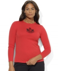 An iconic embroidered crest imbues Lauren Ralph Lauren's classic long-sleeved plus size tee in smooth cotton jersey with a chic heritage feel. An iconic embroidered crest imbues Lauren Ralph Lauren's classic long-sleeved plus size tee in smooth cotton jersey with a chic heritage feel.