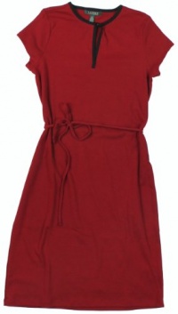 Lauren Ralph Lauren Women's Short Sleeve Belted Cotton Split Neck Dress (Heritage Red) (Medium)