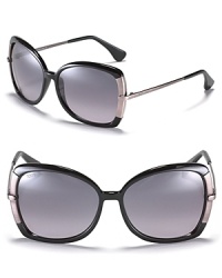Butterfly frame sunglasses with metal trim at sides for a stylish and fun look. Butterfly frame sunglasses with metal trim at sides for a stylish and fun look.