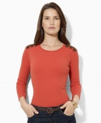 In a relaxed, feminine silhouette, Lauren by Ralph Lauren's supremely soft ribbed cotton top is finished with faux-suede patches and stitching at the shoulders for a chic, rustic vibe. In a relaxed, feminine silhouette, Lauren by Ralph Lauren's supremely soft ribbed cotton top is finished with faux-suede patches and stitching at the shoulders for a chic, rustic vibe.