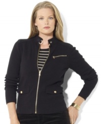 Drawing inspiration from the classic motorcycle jacket, Lauren Ralph Lauren's soft cotton plus size cardigan is lent modern edge from an eye-catching throat latch and angled zip pocket at the chest. Drawing inspiration from the classic motorcycle jacket, Lauren Ralph Lauren's soft cotton plus size cardigan is lent modern edge from an eye-catching throat latch and angled zip pocket at the chest.