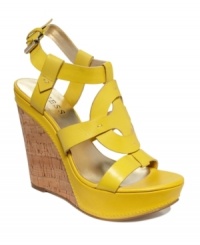 Bright leathers are super cheerful on hot summer days. GUESS's Dailona platform wedge sandals feature a strappy vamp and a tall covered wedge heel. Bright leathers are super cheerful on hot summer days. GUESS's Dailona platform wedge sandals feature a strappy vamp and a tall covered wedge heel.