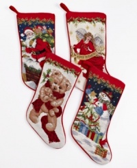 Embrace a beautiful tradition with needlepoint Christmas stockings. Stitched holiday motifs adorn the front from heel to toe, reversing to solid red velvet. Embrace a beautiful tradition with needlepoint Christmas stockings. Stitched holiday motifs adorn the front from heel to toe, reversing to solid red velvet.