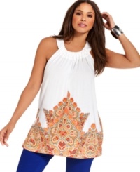 Radiate beauty with INC's sleeveless plus size top, featuring an embellished border print. Radiate beauty with INC's sleeveless plus size top, featuring an embellished border print.