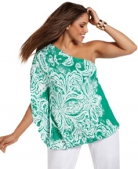 Add instant flair to any outfit with INC's one-shoulder plus size top, featuring an embellished print. Add instant flair to any outfit with INC's one-shoulder plus size top, featuring an embellished print.