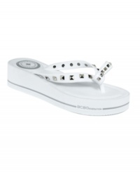Opaque jellies are too cute for summer. The Flo thong sandals by BCBGeneration feature a uniformly-studded thong strap and a super thick sole for added oomph. Opaque jellies are too cute for summer. The Flo thong sandals by BCBGeneration feature a uniformly-studded thong strap and a super thick sole for added oomph.