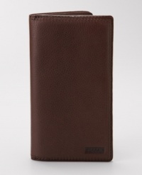 Designed by Fossil for the man on the go, this sleek leather hybrid between a checkbook and a wallet organizes all your essentials without sacrificing style. Designed by Fossil for the man on the go, this sleek leather hybrid between a checkbook and a wallet organizes all your essentials without sacrificing style.