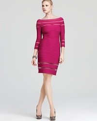 This Tadashi Shoji dress achieves sultry elegance with a potent hue, body-con silhouette and sheer inserts to reveal a subtle hint of skin. This Tadashi Shoji dress achieves sultry elegance with a potent hue, body-con silhouette and sheer inserts to reveal a subtle hint of skin.