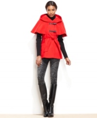 Cool weather calls for a stylish cape! Jessica Simpson's version features cute toggle closures and a cinched waist for a defined silhouette. Cool weather calls for a stylish cape! Jessica Simpson's version features cute toggle closures and a cinched waist for a defined silhouette.