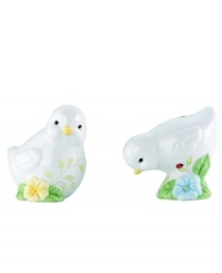 Two little chicks nest on your table, spreading springtime cheer with salt and pepper. From Lenox dinnerware, dishes in the Butterfly Meadow collection including these accessories have a delicate floral motif that adorns each porcelain shaker for an extra dash of whimsy. Two little chicks nest on your table, spreading springtime cheer with salt and pepper. From Lenox dinnerware, dishes in the Butterfly Meadow collection including these accessories have a delicate floral motif that adorns each porcelain shaker for an extra dash of whimsy.