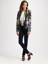 Defined by a striking rose print, this open-front topper has a shawl collar and contrasting panels. Shawl collarLong sleevesFully linedAbout 23 from shoulder to hemPolyesterDry cleanMade in USA of imported fabricModel shown is 5'10 (177cm) wearing US size Small. Defined by a striking rose print, this open-front topper has a shawl collar and contrasting panels. Shawl collarLong sleevesFully linedAbout 23 from shoulder to hemPolyesterDry cleanMade in USA of imported fabricModel shown is 5'10 (177cm) wearing US size Small.