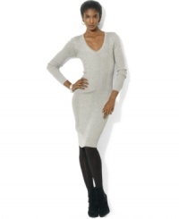Lauren Ralph Lauren's essential V-neck dress is rendered in a sleek metallic cotton blend for unrivaled holiday twinkle. Lauren Ralph Lauren's essential V-neck dress is rendered in a sleek metallic cotton blend for unrivaled holiday twinkle.