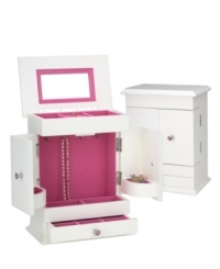 With divided compartments and hooks for stashing rings, bracelets and chains, the Bella jewelry box is the perfect gift for the woman who has it all. Pink velvet contrasts a white wooden exterior with bejeweled knobs to make it dazzle. With divided compartments and hooks for stashing rings, bracelets and chains, the Bella jewelry box is the perfect gift for the woman who has it all. Pink velvet contrasts a white wooden exterior with bejeweled knobs to make it dazzle.