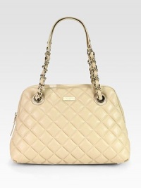 An elegant style in luxuriously quilted leather with a roomy interior; perfect for all your essentials.Double leather and chain top handles, 9½ dropTop zip closureProtective metal feetOne inside zip pocketTwo inside open pocketsCotton lining14W X 9½H X 5½DImported An elegant style in luxuriously quilted leather with a roomy interior; perfect for all your essentials.Double leather and chain top handles, 9½ dropTop zip closureProtective metal feetOne inside zip pocketTwo inside open pocketsCotton lining14W X 9½H X 5½DImported