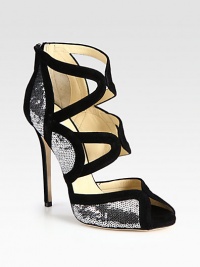 A party-ready suede silhouette with shimmering sequins and sexy cutouts. Suede-covered heel, 5 (125mm)Sequin and suede upperBack zipLeather lining and solePadded insoleMade in Italy A party-ready suede silhouette with shimmering sequins and sexy cutouts. Suede-covered heel, 5 (125mm)Sequin and suede upperBack zipLeather lining and solePadded insoleMade in Italy
