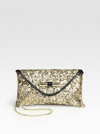 Truly sparkle in this sequin adorned design with glossy, patent leather trim.Detachable box chain shoulder strap, 23 dropMagnetic snap flap closureOne inside open pocketSatin lining9W X 5H X 1DMade in Italy Truly sparkle in this sequin adorned design with glossy, patent leather trim.Detachable box chain shoulder strap, 23 dropMagnetic snap flap closureOne inside open pocketSatin lining9W X 5H X 1DMade in Italy