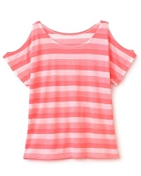 This drop-shoulder shirt boasts beautiful complementary burn-out stripes and flutter sleeves. This drop-shoulder shirt boasts beautiful complementary burn-out stripes and flutter sleeves.