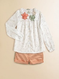 Pretty, polished and totally girly, this flower-adorned shirt compliments any pair of shorts or jeans.Scoop necklineLong sleeves with slightly gathered button cuffsButton placketCottonMachine washImported Please note: Number of buttons/snaps may vary depending on size ordered. Pretty, polished and totally girly, this flower-adorned shirt compliments any pair of shorts or jeans.Scoop necklineLong sleeves with slightly gathered button cuffsButton placketCottonMachine washImported Please note: Number of buttons/snaps may vary depending on size ordered.