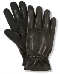 Stay warm and still stay in touch: Leather-backed gloves from UR Gloves combine warm Thinsulate lining with touch screen-compatible stretch fabric. Stay warm and still stay in touch: Leather-backed gloves from UR Gloves combine warm Thinsulate lining with touch screen-compatible stretch fabric.