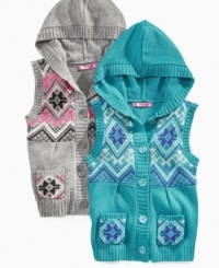 Layer her up in stylish prints with a fashionably comfortable fairisle sweater vest from Energie. Layer her up in stylish prints with a fashionably comfortable fairisle sweater vest from Energie.