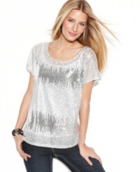 INC puts a shimmery spin on a petite tee-shirt silhouette, glamming it up with shiny sequins and sheer details. INC puts a shimmery spin on a petite tee-shirt silhouette, glamming it up with shiny sequins and sheer details.