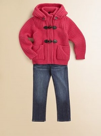 She'll stay cute and comfy in this hip-length, waffle-knit layer with a versatile detachable hood and adorable toggle details.Detachable button hoodRibbed stand collarLong sleeves with ribbed cuffsFront toggle closureFront patch button pocketsBack pleatRibbed hem80% wool/20% nylonHand washMade in Italy She'll stay cute and comfy in this hip-length, waffle-knit layer with a versatile detachable hood and adorable toggle details.Detachable button hoodRibbed stand collarLong sleeves with ribbed cuffsFront toggle closureFront patch button pocketsBack pleatRibbed hem80% wool/20% nylonHand washMade in Italy