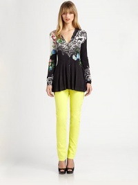 A flared silhouette and a romantic floral print lend a feminine air to this silk knit style.V necklineButton frontLong sleevesFlared peplumAbout 30 from shoulder to hemSilk/elastaneDry cleanMade in Italy of imported fabricModel shown is 5'10 (177cm) wearing US size 4. A flared silhouette and a romantic floral print lend a feminine air to this silk knit style.V necklineButton frontLong sleevesFlared peplumAbout 30 from shoulder to hemSilk/elastaneDry cleanMade in Italy of imported fabricModel shown is 5'10 (177cm) wearing US size 4.