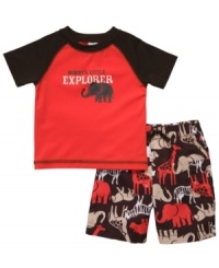 On land or water, he'll be prepared to go exploring in this fun rashguard and board short swimwear set from Carter's. On land or water, he'll be prepared to go exploring in this fun rashguard and board short swimwear set from Carter's.