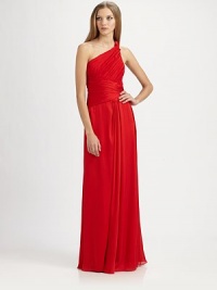 Intricate ruching adds texture to this floor-length, asymmetrical design.Asymmetrical necklineKnotted shoulder detailRuched, twisted bodiceDraped skirtAsymmetrical back strapFully linedConcealed side zipAbout 63 from shoulder to hemPolyesterDry cleanImportedModel shown is 5'10 (177cm) wearing US size 4. Intricate ruching adds texture to this floor-length, asymmetrical design.Asymmetrical necklineKnotted shoulder detailRuched, twisted bodiceDraped skirtAsymmetrical back strapFully linedConcealed side zipAbout 63 from shoulder to hemPolyesterDry cleanImportedModel shown is 5'10 (177cm) wearing US size 4.