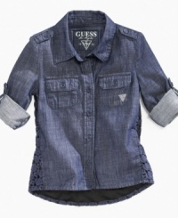 Classic style. She can show off her adorable all-American looks in this denim shirt from Guess. Classic style. She can show off her adorable all-American looks in this denim shirt from Guess.