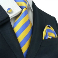 Landisun 536 Gold Blue Stripes Mens Silk Tie Set: Tie+Hanky+Cufflinks Exclusive Landisun 536 Gold Blue Stripes Mens Silk Tie Set: Tie+Hanky+Cufflinks Exclusive
