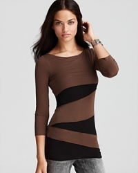 Contrast panel bandage stripes enrich this flattering stretch Bailey 44 top with envy, intrigue and color block chic. Contrast panel bandage stripes enrich this flattering stretch Bailey 44 top with envy, intrigue and color block chic.