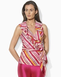 Vibrant stripes and airy ruffles lend a touch of romance to an elegant wrap blouse in slightly sheer woven cotton. Vibrant stripes and airy ruffles lend a touch of romance to an elegant wrap blouse in slightly sheer woven cotton.