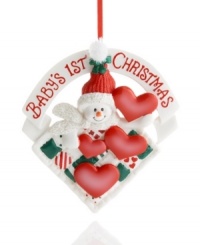 An adorable snowman commemorates baby's first Christmas with love in this heart-filled ornament from Kurt Adler. A great gift for growing families! An adorable snowman commemorates baby's first Christmas with love in this heart-filled ornament from Kurt Adler. A great gift for growing families!