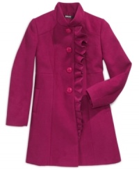Stand out and stand up to the cold in the lovely fashion of these warm coats from DKNY, featuring a ruffle down the placket to make it unique. Stand out and stand up to the cold in the lovely fashion of these warm coats from DKNY, featuring a ruffle down the placket to make it unique.