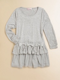 Sequined bows and ruffles adorn a long-sleeved, scoopneck frock for effortless style for your little girl.ScoopneckLong sleevesPullover styleSlight drop-waist with sequined bowsRuffled hem95% viscose/5% spandexHand washImported Sequined bows and ruffles adorn a long-sleeved, scoopneck frock for effortless style for your little girl.ScoopneckLong sleevesPullover styleSlight drop-waist with sequined bowsRuffled hem95% viscose/5% spandexHand washImported